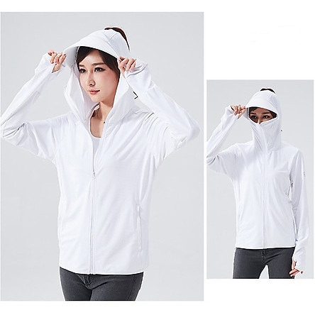 Áo khoác thun trắng che mặt chống tia UV có nón free size