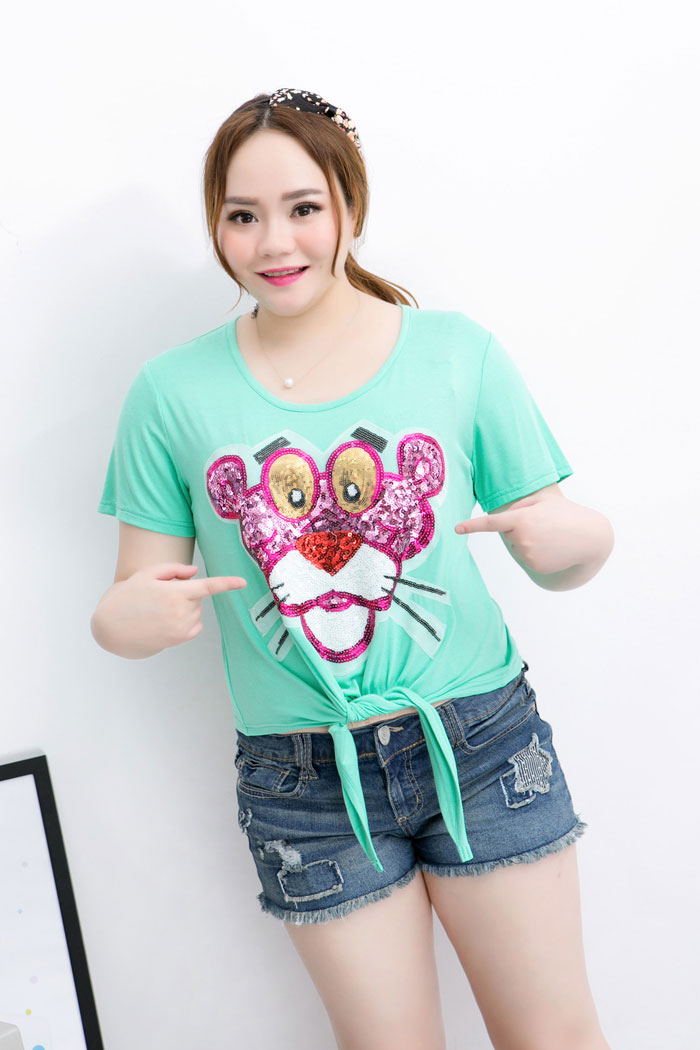 Áo thun crop top xanh kim sa Pink Panther vạt thắt nơ size 2XL