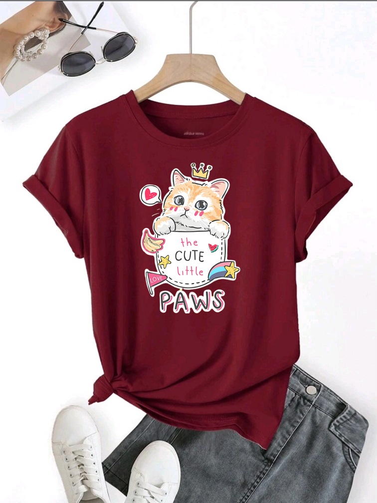 Áo thun đỏ đô in hình mèo PAW size 2XL