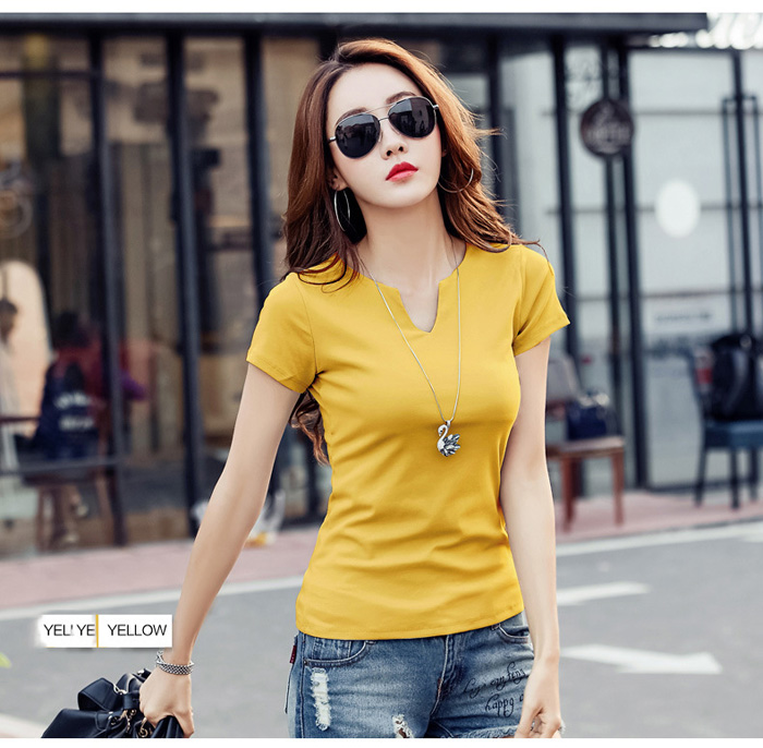 Áo thun gân màu vàng trơn tay ngắn cổ xẻ V size 4XL