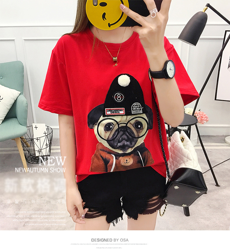 Áo thun màu đỏ in hình chó đeo kính size 2XL