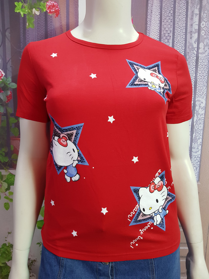 Áo thun màu đỏ in hình mèo Kitty sao size XL