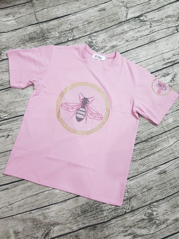 Áo thun màu hồng đậm đính kim sa hình con ong size 2XL