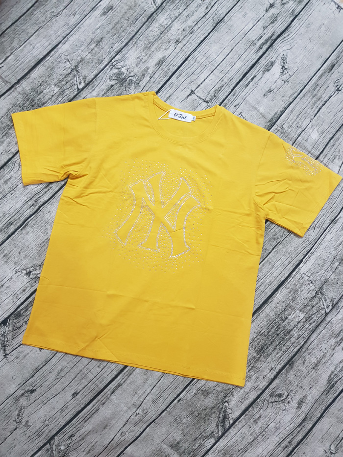 Áo thun màu vàng đính kim sa chữ NY size 2XL