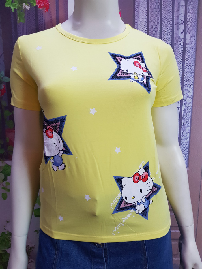 Áo thun màu vàng in hình mèo Kitty sao size XL