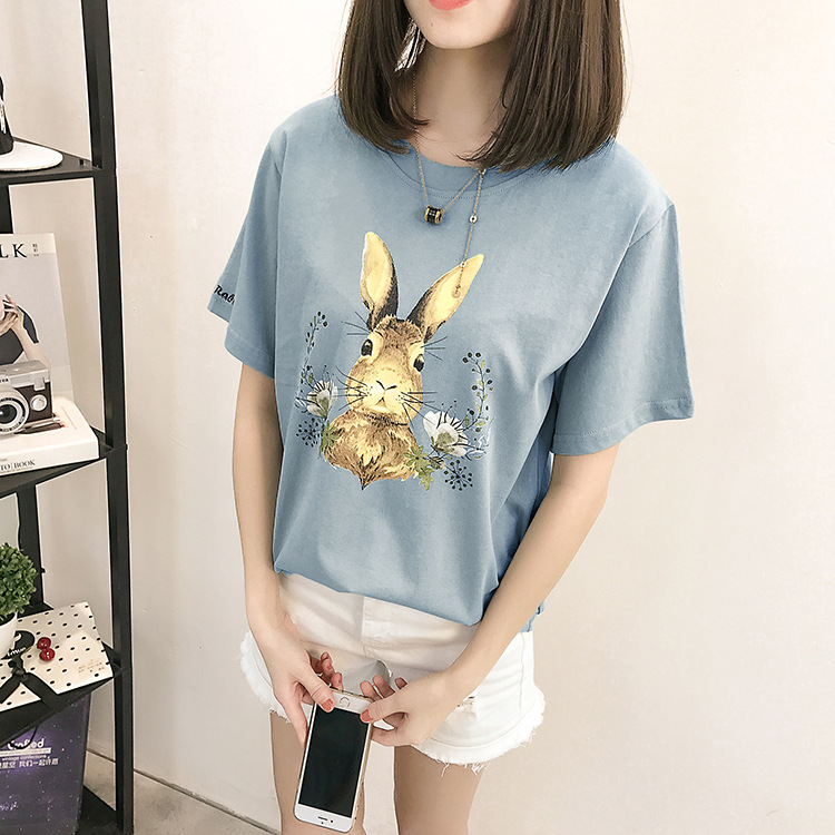 Áo thun màu xanh in hình thỏ hoa size 2XL