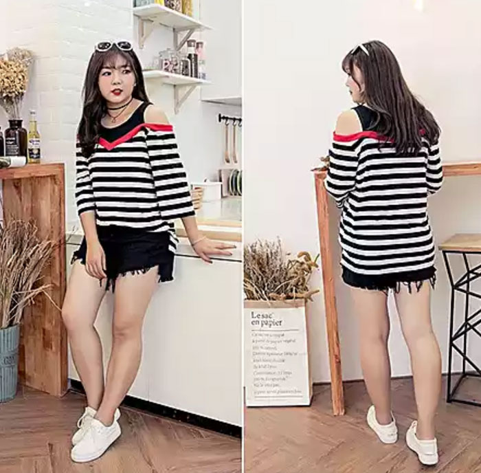 Áo thun tay lỡ sọc đen trắng khoét vai viền đỏ size XL