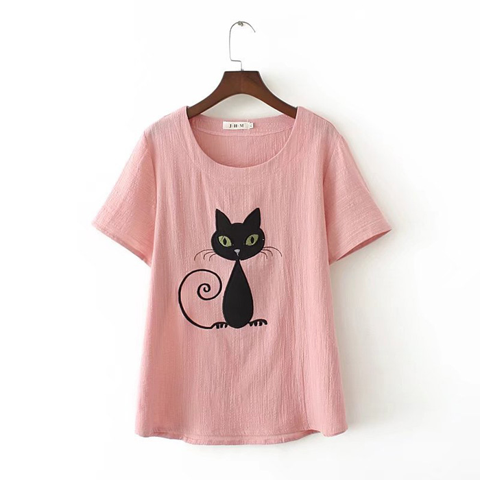 Áo vải xô màu hồng thêu hình mèo đen size lớn