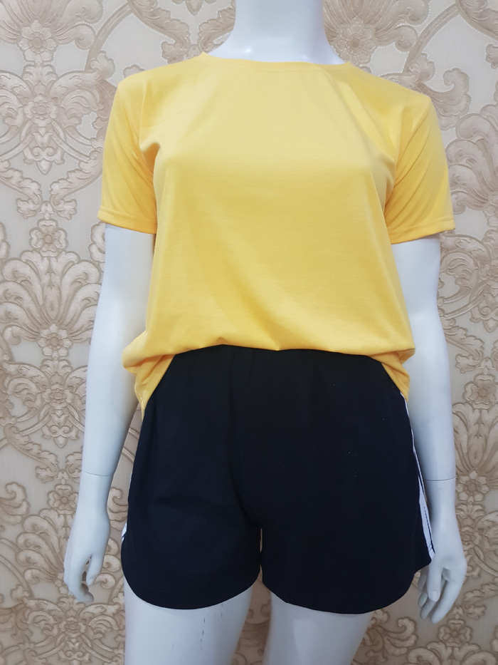 Bộ thun áo vàng lưng 3 sọc quần short đen size XL