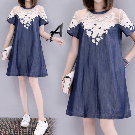 Đầm jean xanh đậm form A thêu và phối ren trắng size 4XL
