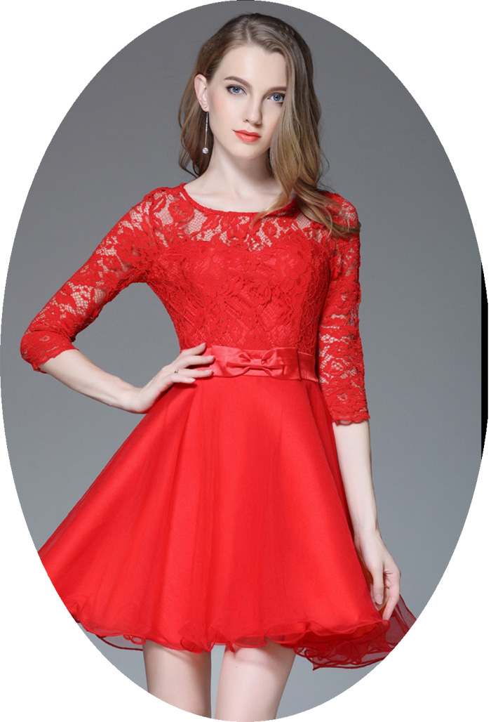Đầm ren màu đỏ cổ tròn váy voan dáng xòe size lớn